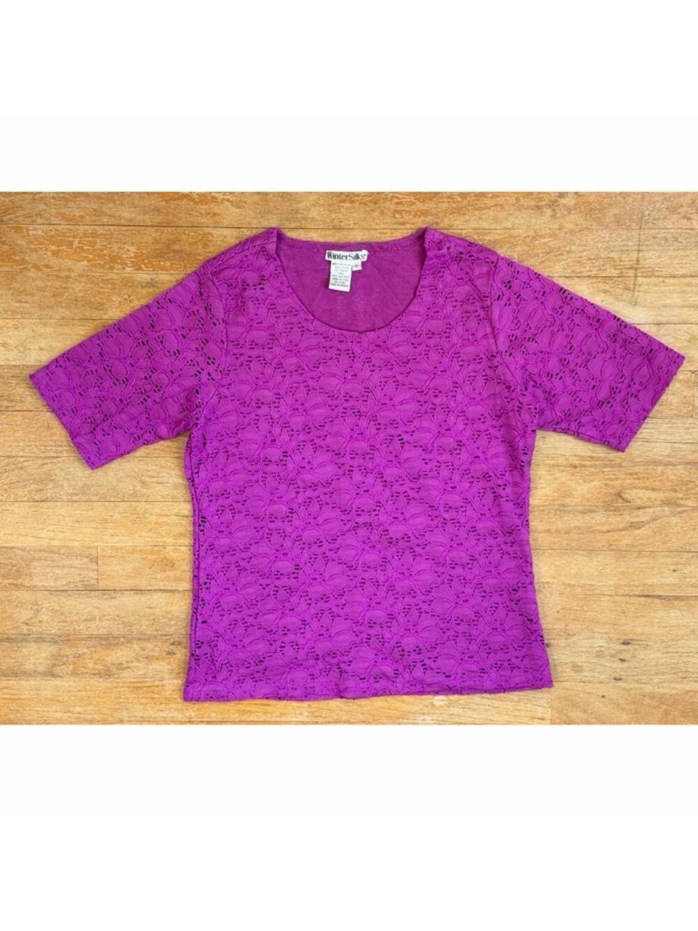 Vintage Purple Cotton/Nylon Stretch Lace Top Size Small 90s Short Sleeve Floral